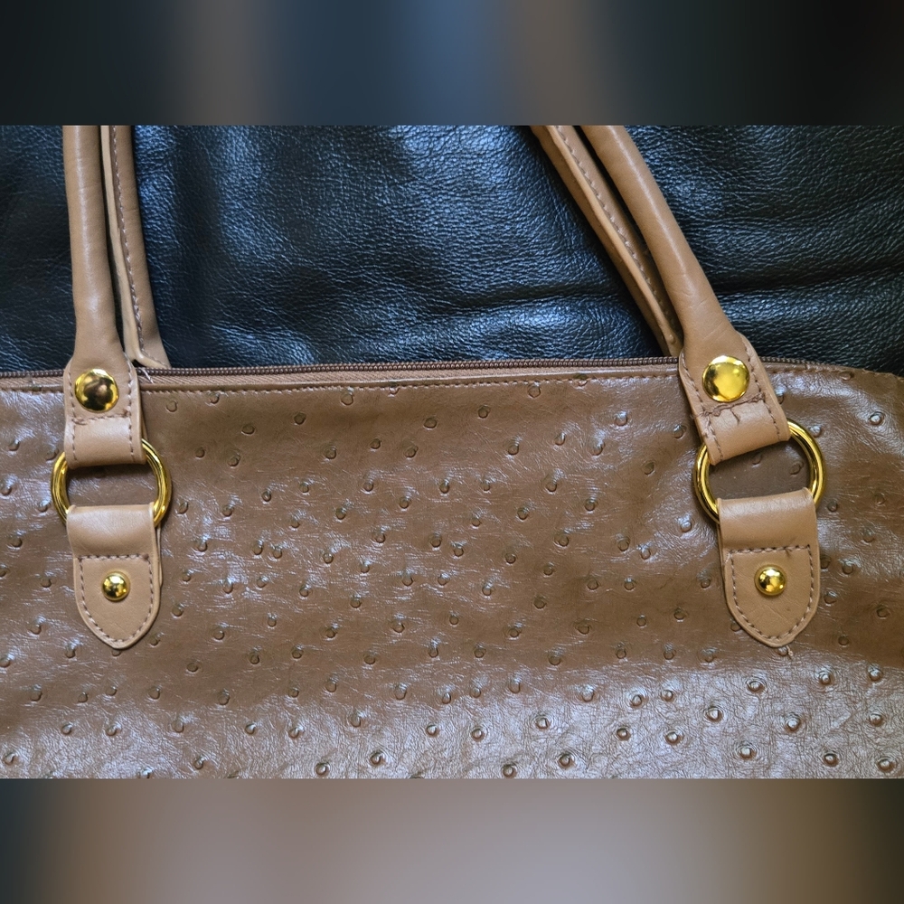 mark. Light Brown Faux Ostrich Medoum Travel Tote with Gold Accents 16"×12"×5" - Picture 5 of 8